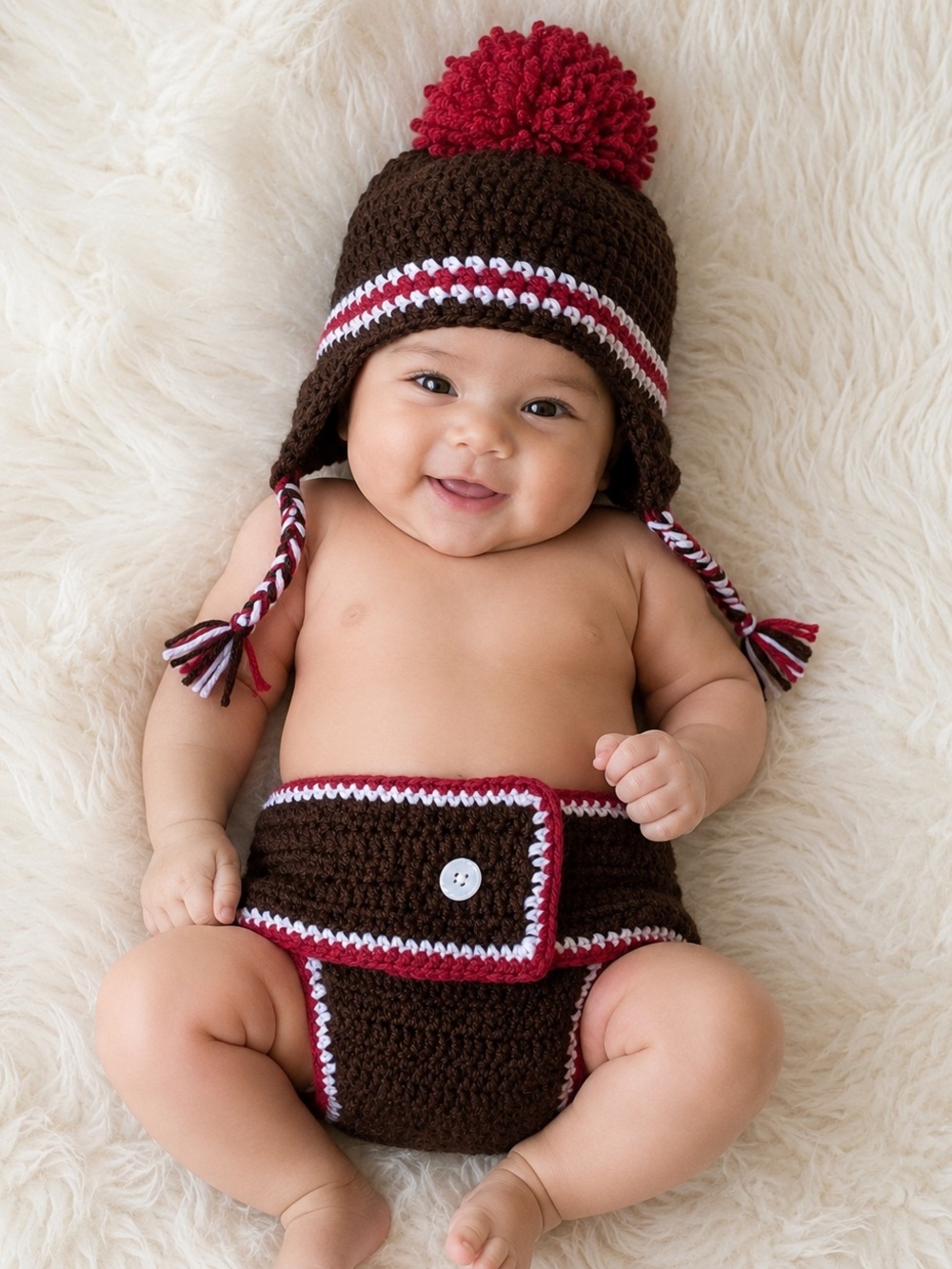 Handmade Sock Monkey Earflap Beanie and Diaper Cover Set - Brown & Red